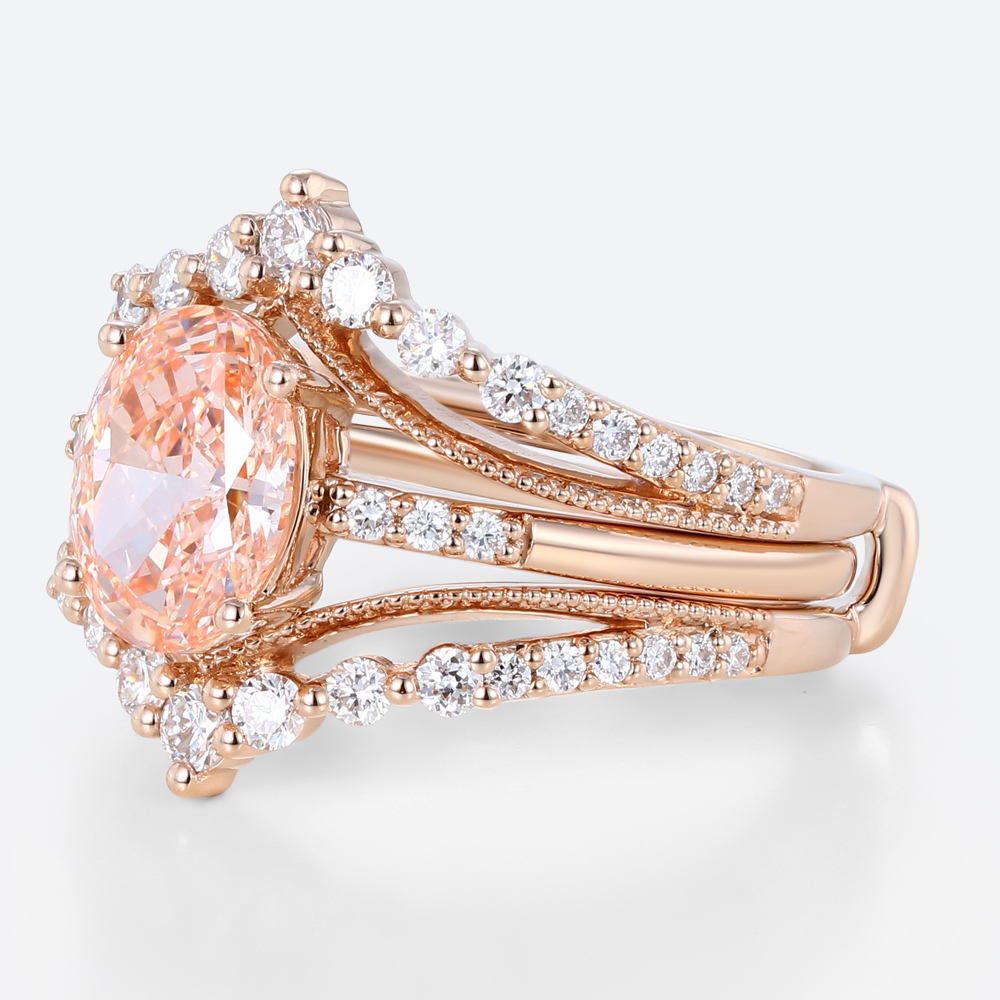 1.5ct Lab Pink Diamond Ring Set Oval Bridal Ring with Enhancer Bands in Rose Gold