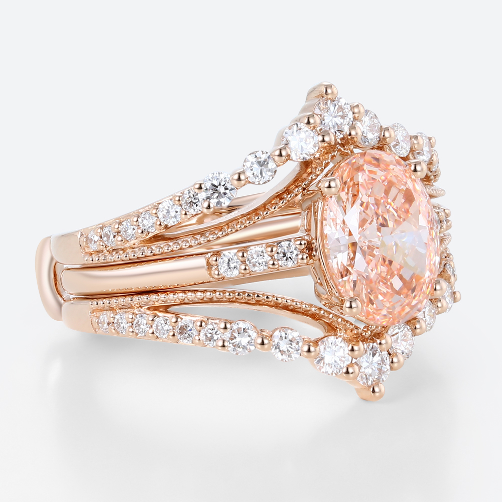 1.5ct Lab Pink Diamond Ring Set Oval Bridal Ring with Enhancer Bands in Rose Gold