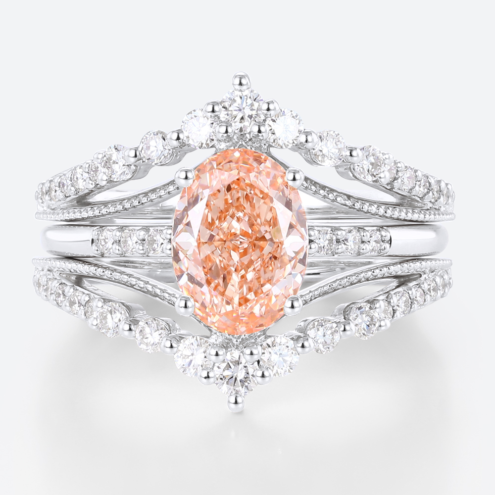 1.5ct Lab Pink Diamond Ring Set Oval Bridal Ring with Enhancer Bands in White Gold