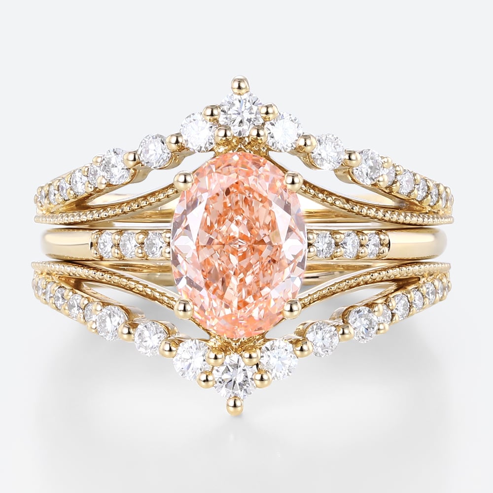1.5ct Lab Pink Diamond Ring Set Oval Bridal Ring with Enhancer Bands in Yellow Gold