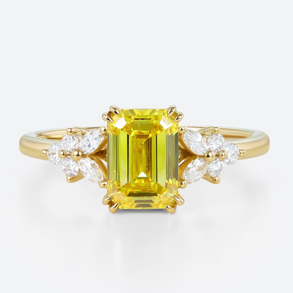 1.5ct Lab Yellow Diamond Ring Emerald Cut Modern Floral Double Claw Prong Engagement Ring in Yellow Gold