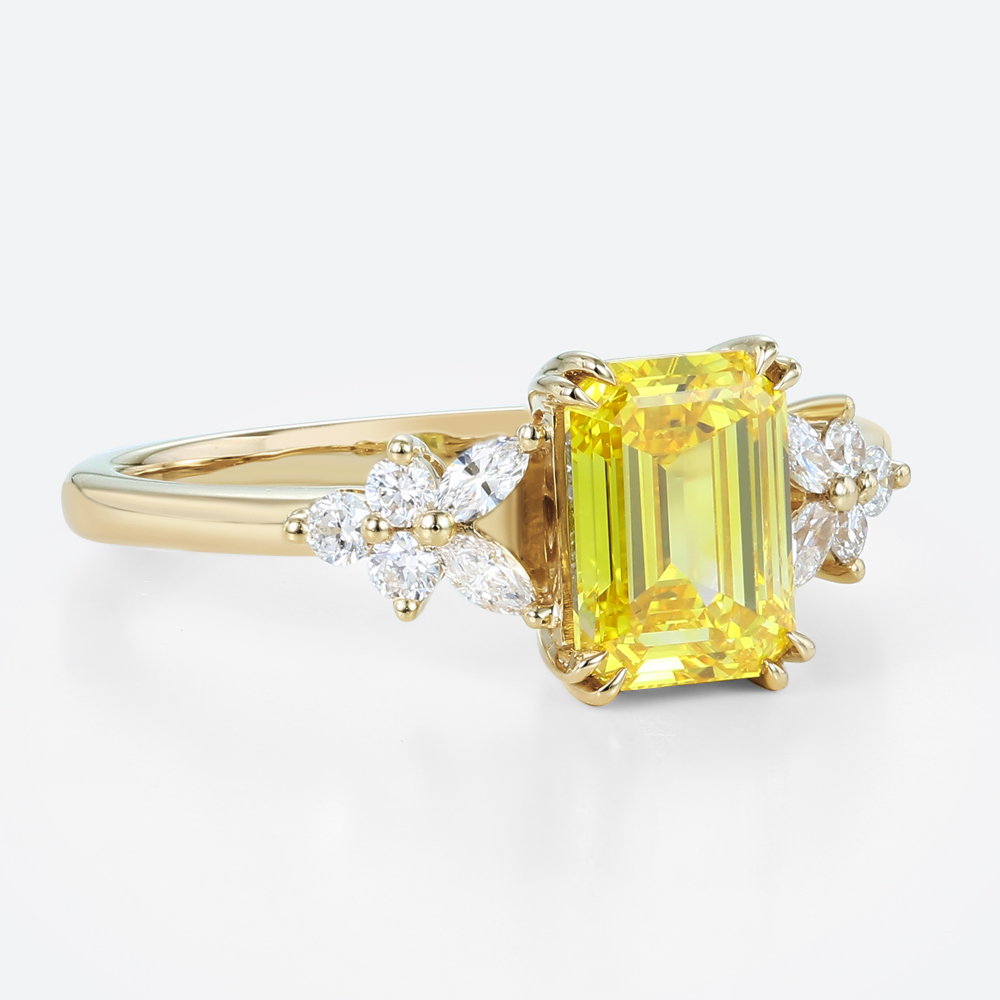 1.5ct Lab Yellow Diamond Ring Emerald Cut Modern Floral Double Claw Prong Engagement Ring in Yellow Gold