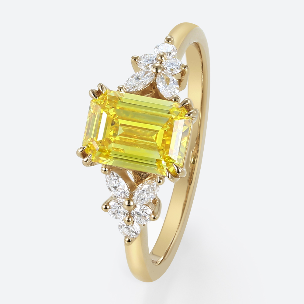 1.5ct Lab Yellow Diamond Ring Emerald Cut Modern Floral Double Claw Prong Engagement Ring in Yellow Gold