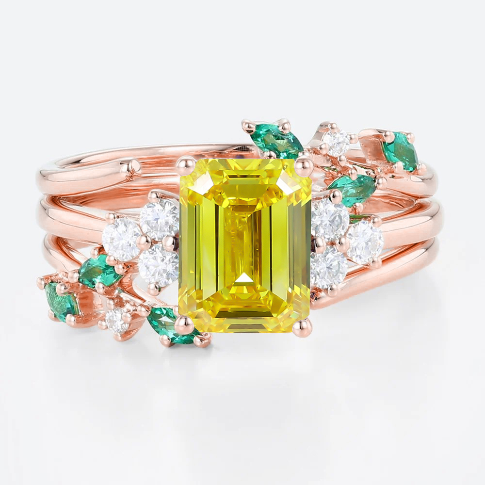 1.5ct Emerald Cut Yellow Diamond Ring Sets Nature-inspired 4-Prong Engagement Ring Set in Rose Gold