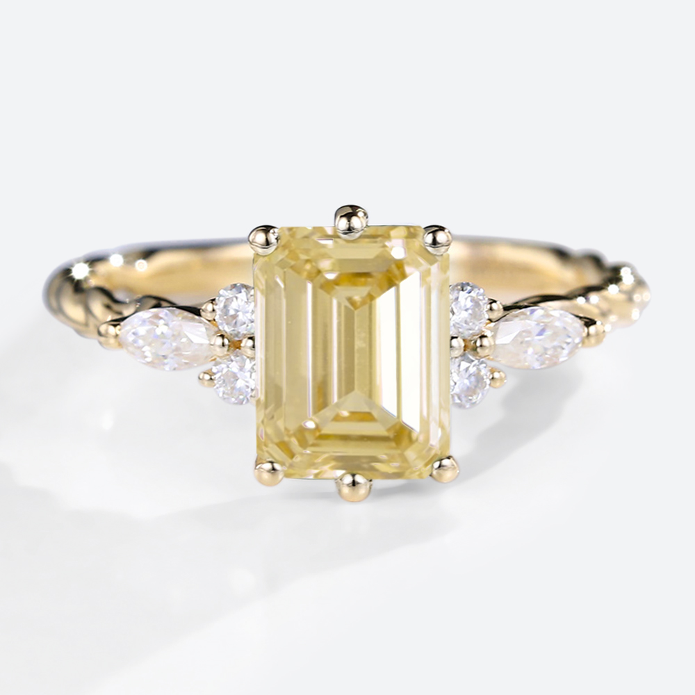 1.5ct Lab Yellow Diamond Engagement Ring Twisted Emerald Cut 6-Prong Ring in Yellow Gold