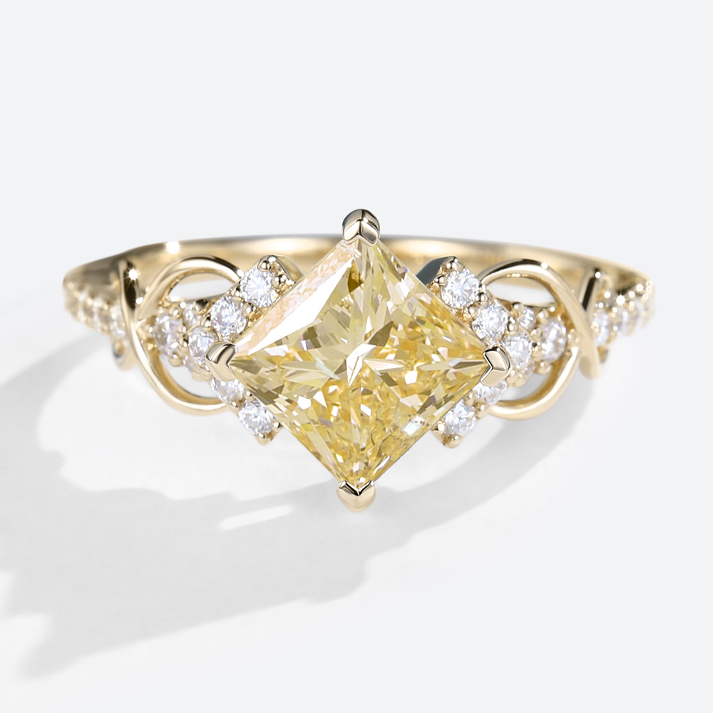 1.5ct Fancy Lab Yellow Diamond Ring​ Infinity Pave Engagement Ring in Yellow Gold