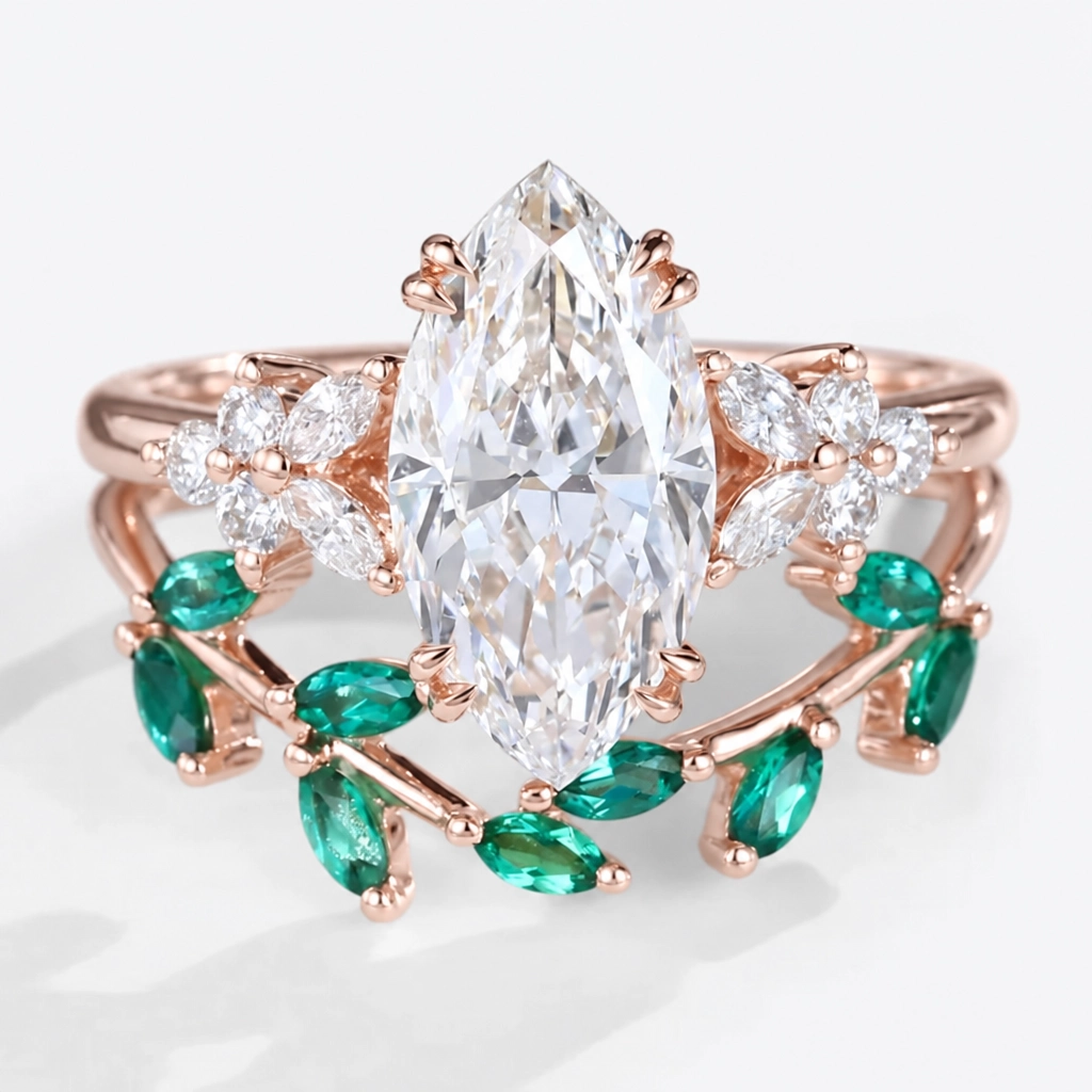 1ct Marquise Cut Lab Grown Diamond Petal Cluster Bridal Ring Set with Art Deco Curved Band in Yellow Gold