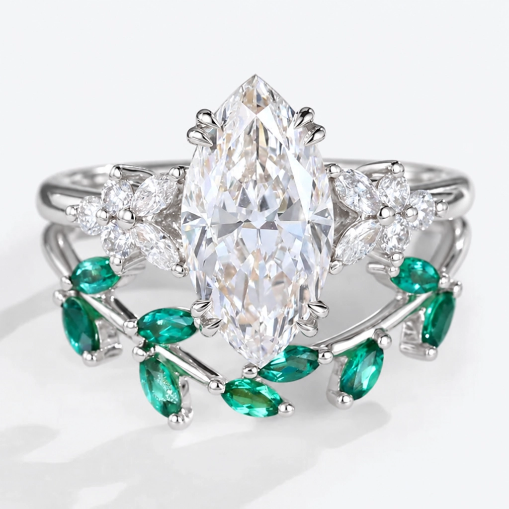 1ct Marquise Cut Lab Grown Diamond Petal Cluster Bridal Ring Set with Art Deco Curved Band in Yellow Gold