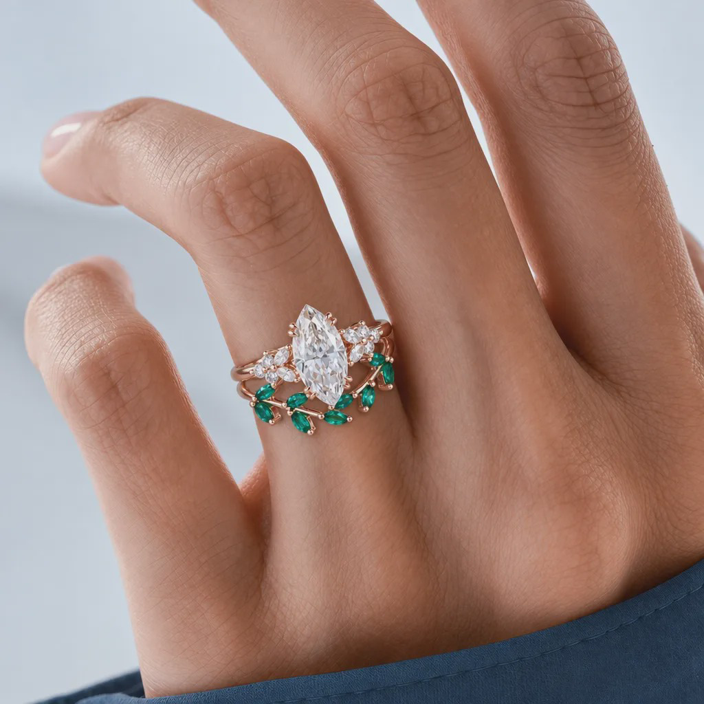 1ct Marquise Cut Lab Grown Diamond Petal Cluster Bridal Ring Set with Art Deco Curved Band in Yellow Gold