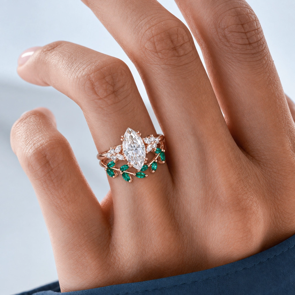 1ct Marquise Cut Lab Grown Diamond Petal Cluster Bridal Ring Set with Art Deco Curved Band in Yellow Gold