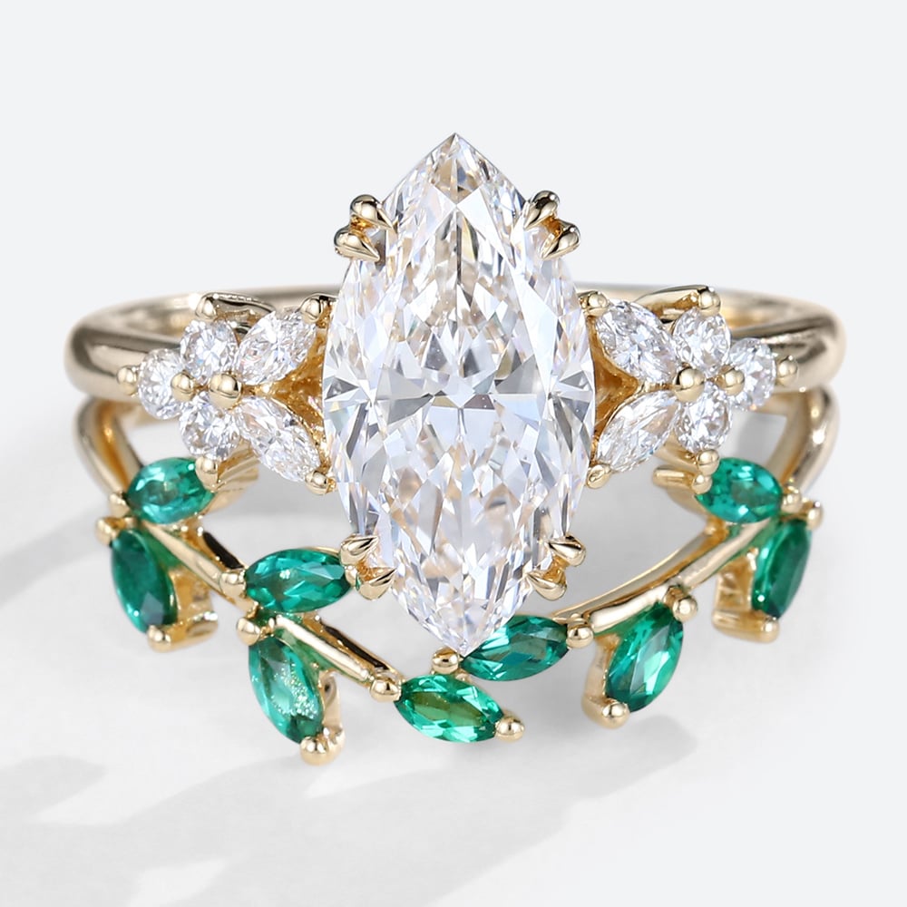 1.5ct Marquise Cut Lab Diamond Engagement Ring Set Curved Emerald Wedding Ring (1)