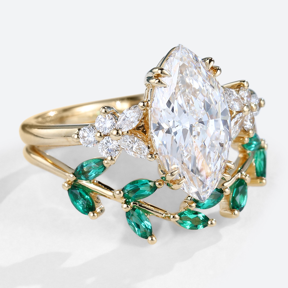 1.5ct Marquise Cut Lab Diamond Engagement Ring Set Curved Emerald Wedding Ring (2)