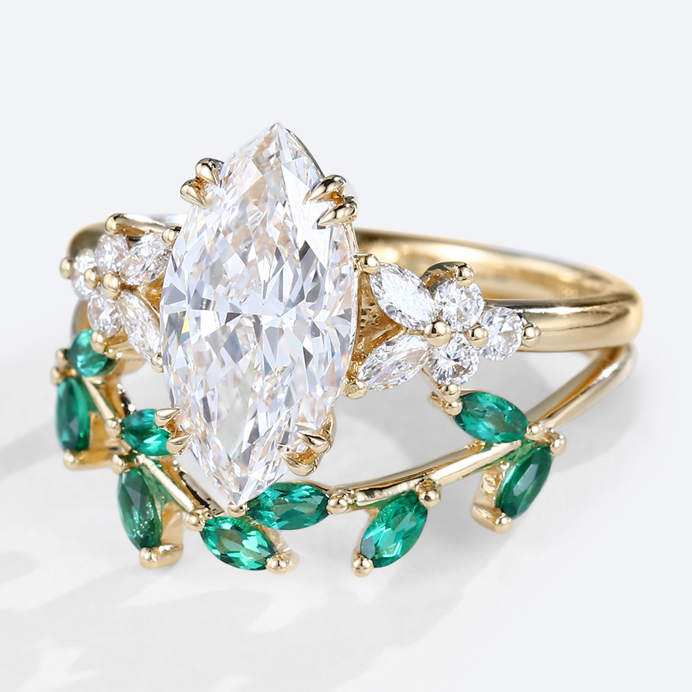 1.5ct Marquise Cut Lab Diamond Engagement Ring Set Curved Emerald Wedding Ring (3)
