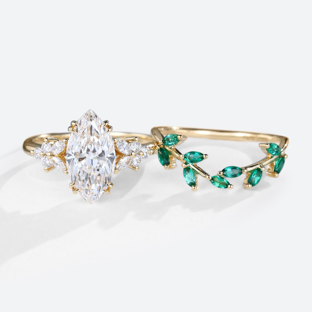 1.5ct Marquise Cut Lab Diamond Engagement Ring Set Curved Emerald Wedding Ring (5)
