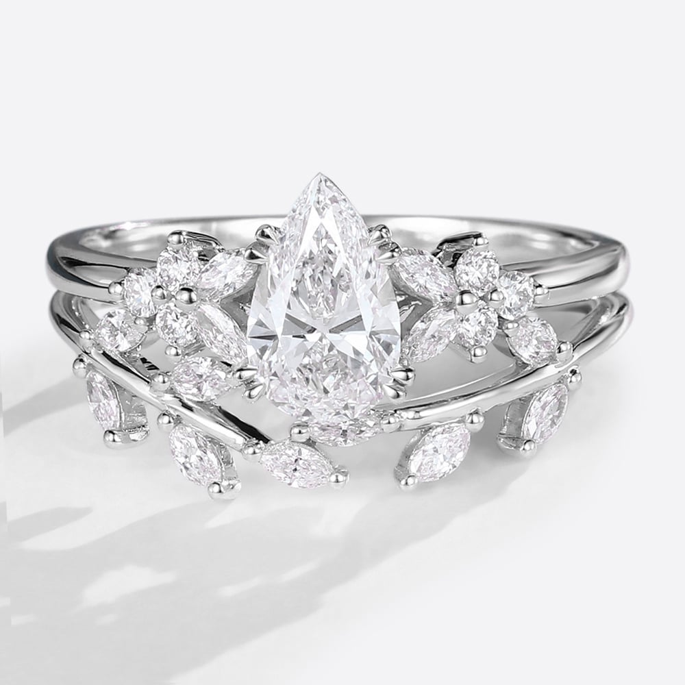 White Gold Pear Shaped Lab Diamond with Curved Wedding Bands Set