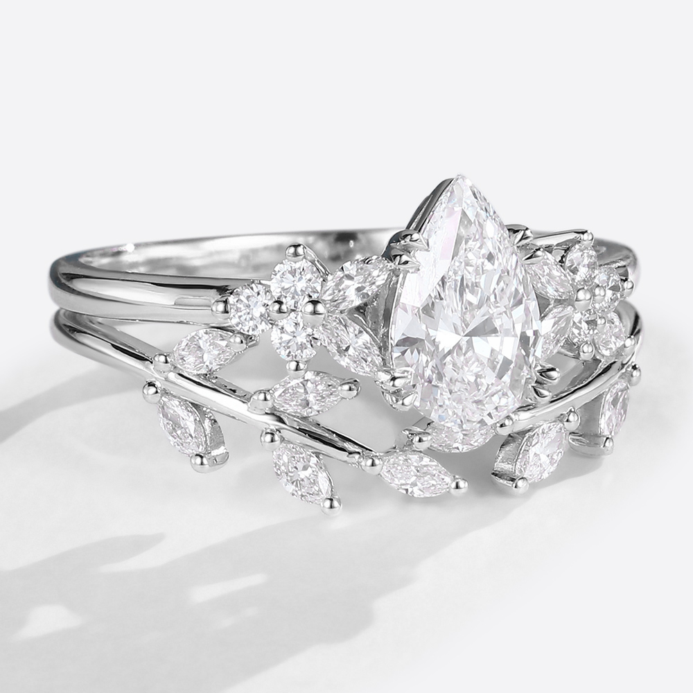 White Gold Pear Shaped Lab Diamond with Curved Wedding Bands Set