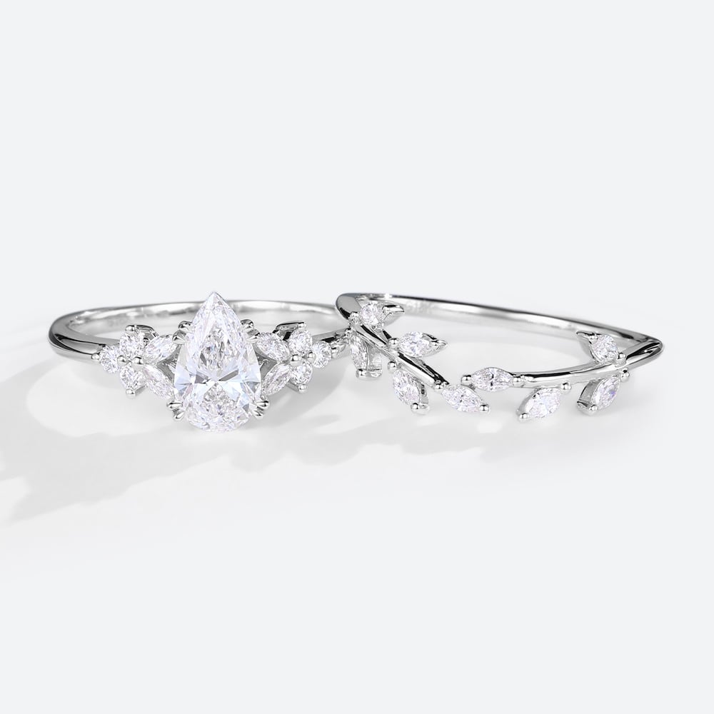 White Gold Pear Shaped Lab Diamond with Curved Wedding Bands Set