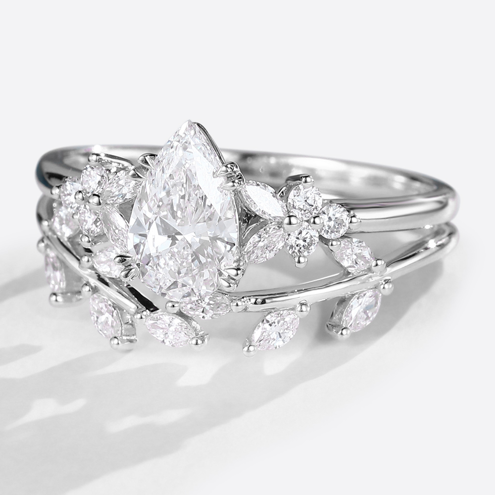 White Gold Pear Shaped Lab Diamond with Curved Wedding Bands Set