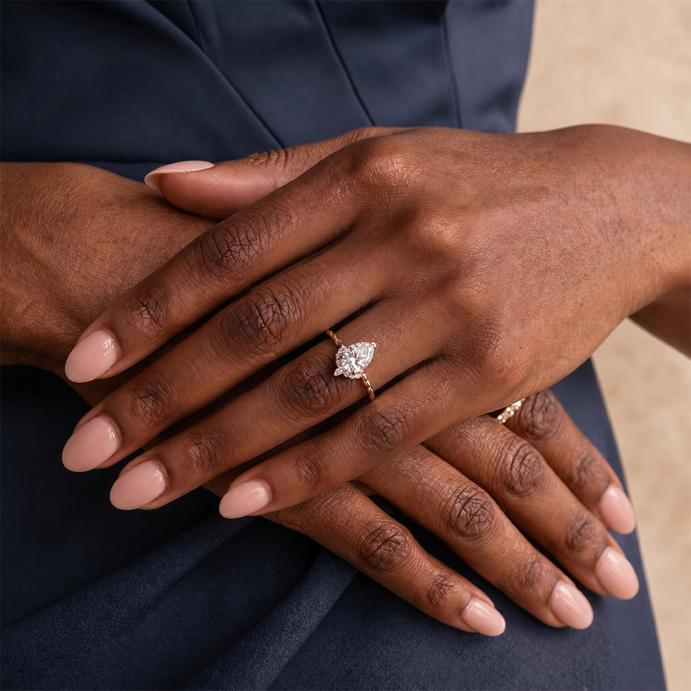 Pear Ring 1ct Lab Created Diamond Rings 3/4 Twisted 3-Prong Rings​ in White Gold