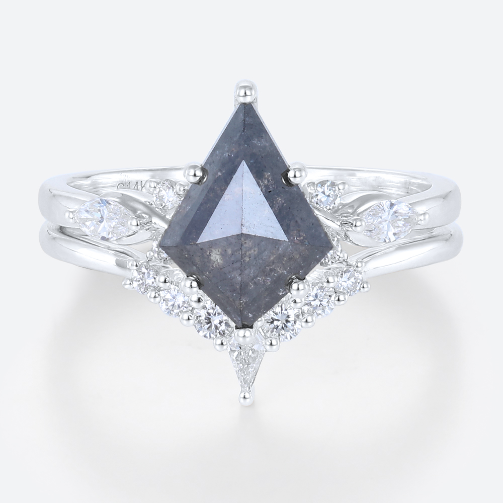 Kite Cut Salt And Pepper Diamond Ring Bridal Wedding Ring Sets