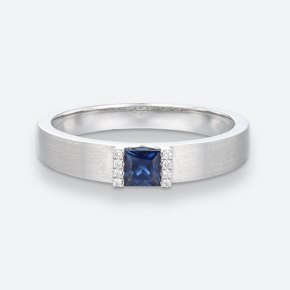 Princess Cut Sapphire Engagement Ring Half Bezel Stacking Ring Simple Sapphire Rings in white gold