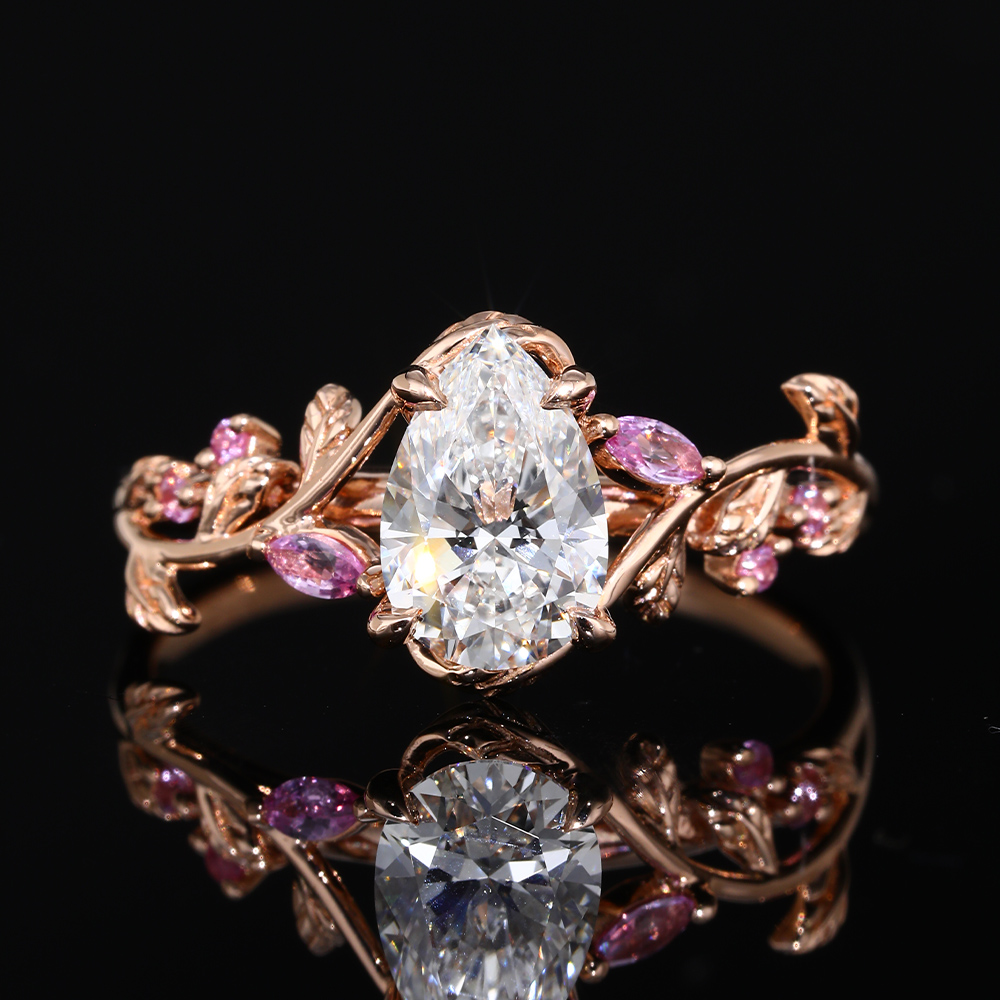1ct Pear Cut Lab Grown Diamond Vine Bypass Engagement Ring with Pink Sapphire Accents in Rose Gold