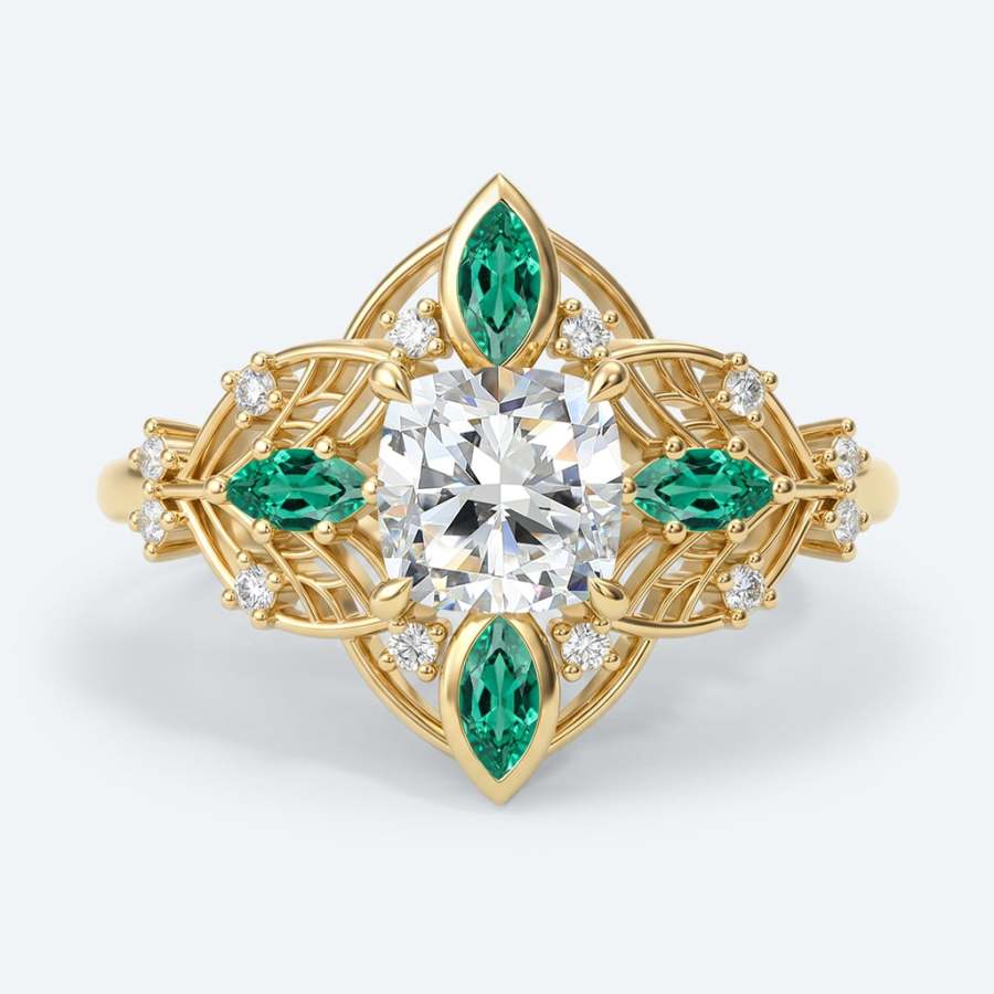 Cushion lab-grown diamond ornate filigree engagement ring in yellow gold