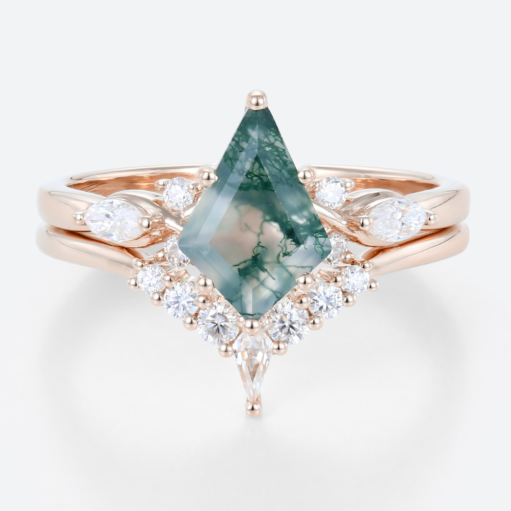 14K Rose Gold Kite Shaped Moss Agate Ring Moissanite Curved Wedding Ring Set