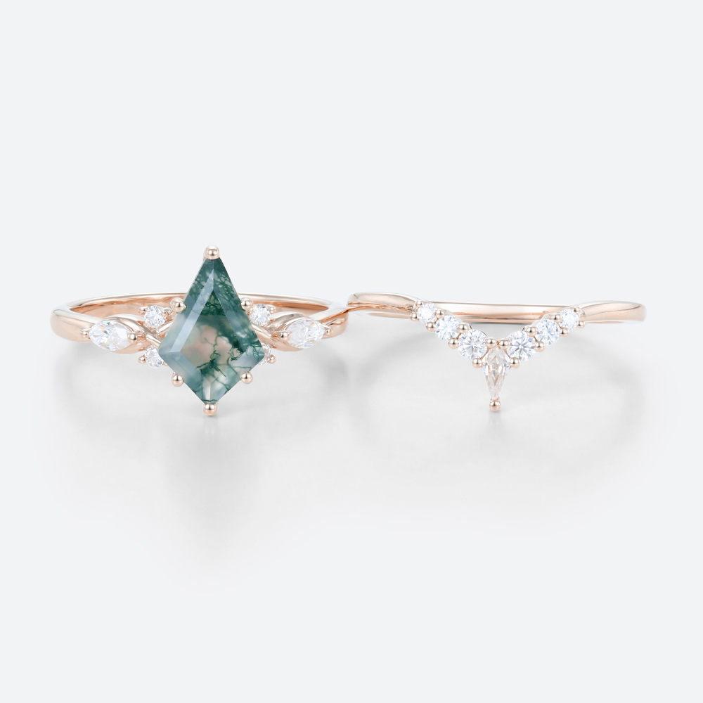14K Rose Gold Kite Shaped Moss Agate Ring Moissanite Curved Wedding Ring Set (4)