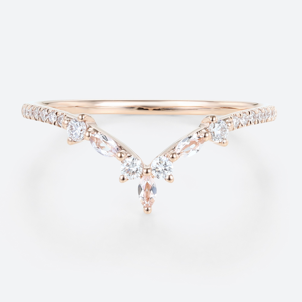 14K Rose Gold Marquise Cut Morganite Curved Wedding Band Diamond Wedding Band