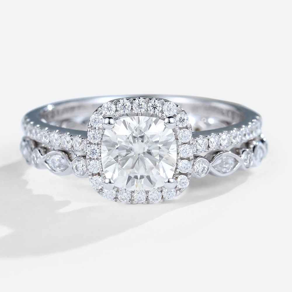 14K White Gold Cushion Cut Lab Grown Diamond Halo Engagement Ring Set