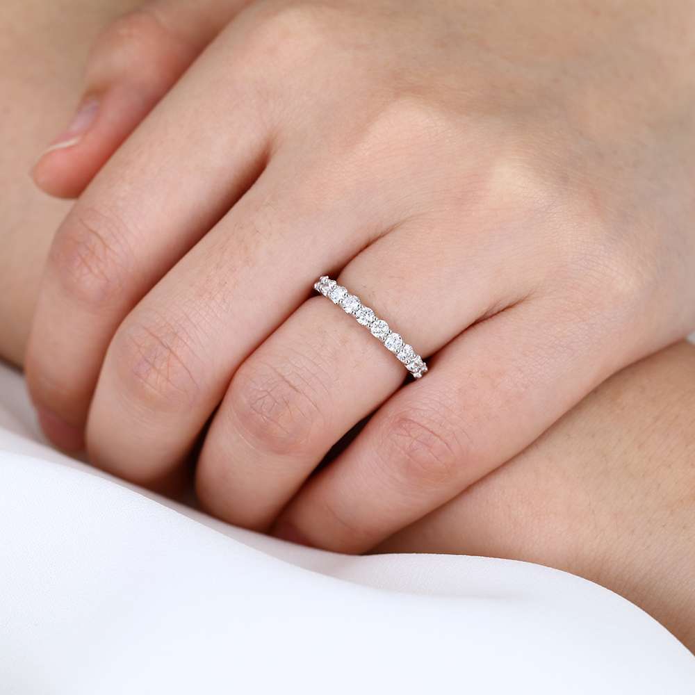 14K White Gold Unique Round Cut Lab Diamond Full Eternity Wedding Band