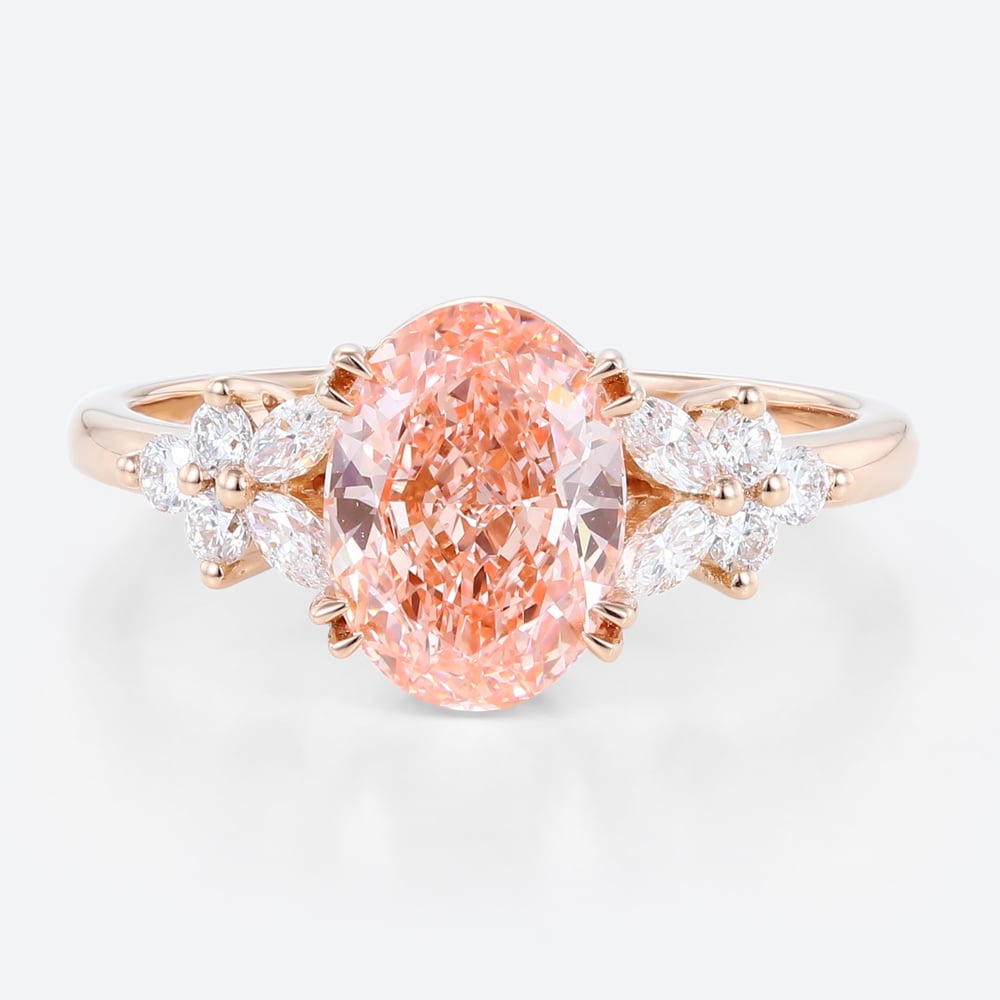 Oval Lab Pink Diamond Ring 1.5ct Floral 4 Double Claw Engagement Ring