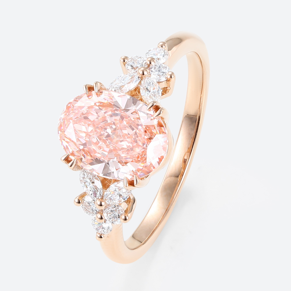 Oval Lab Pink Diamond Ring 1.5ct Floral 4 Double Claw Engagement Ring
