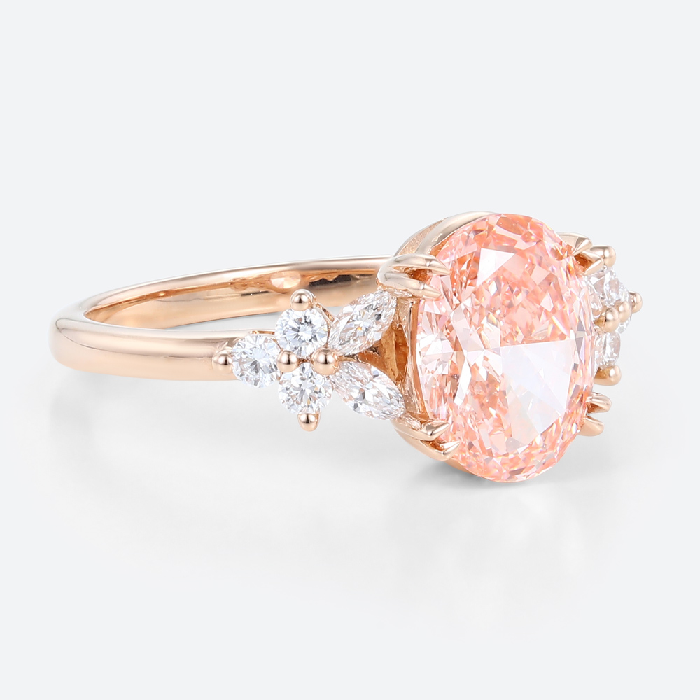 Oval Lab Pink Diamond Ring 1.5ct Floral 4 Double Claw Engagement Ring