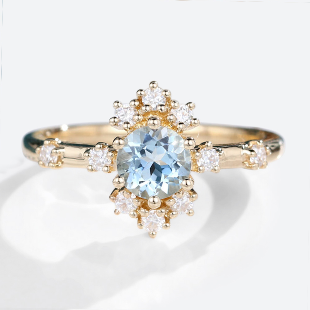 14k Yellow Gold Round Cut Aquamarine Engagement Ring Unique Engagement Rings For Women