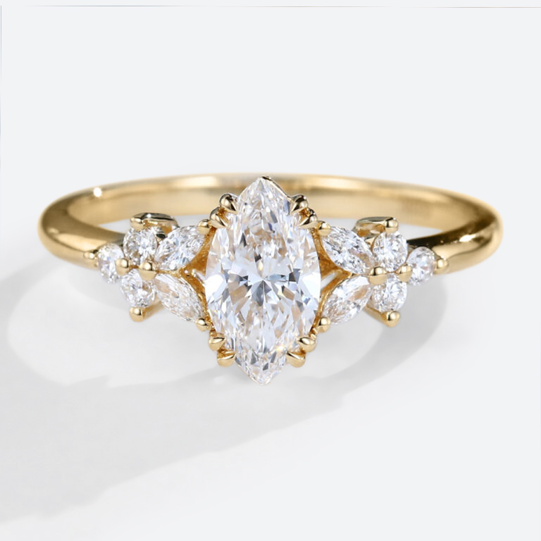 1CT Yellow Gold Marquise Cut Lab Grown Diamond Rings Petal Side Stones Engagement Ring (1)