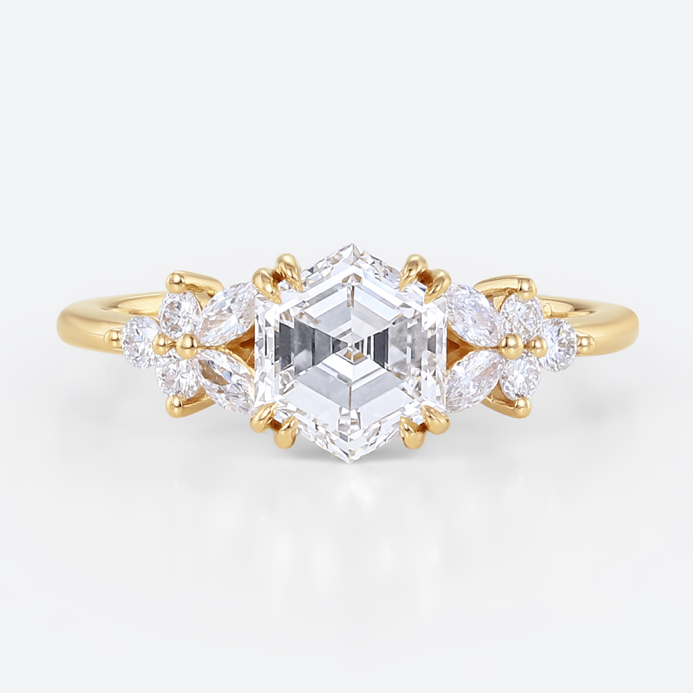 1ct Hexagon Cut Lab Diamond Ring Modern Cluster Double Claw Engagement Ring in Yellow Gold