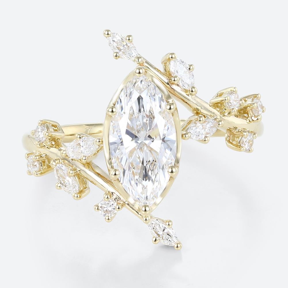 1ct Marquise Cut Lab Grown Diamond Ring Bypass Leaf 6-Prong Engagement Ring in Yellow Gold