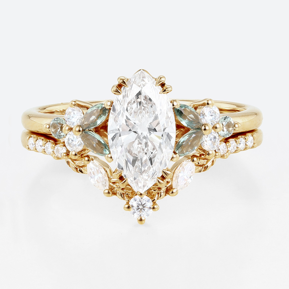 1ct Marquise Cut Lab Diamond Ring Set Enchanted Garden 4 Double Claw Prong Engagement Ring in Yellow Gold