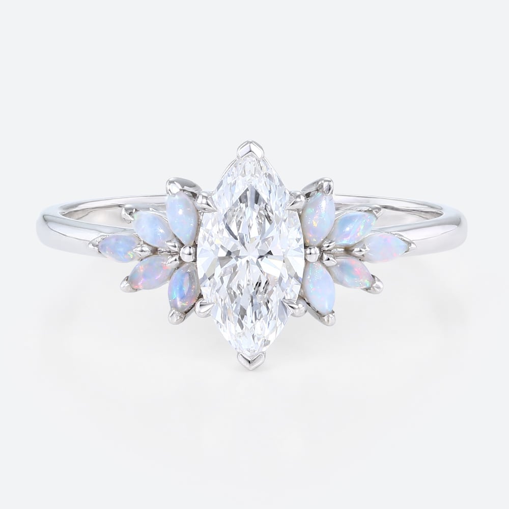 1ct Marquise Lab Created Diamond Rings​ with Floral Opal Side Stone Engagement Ring in White Gold