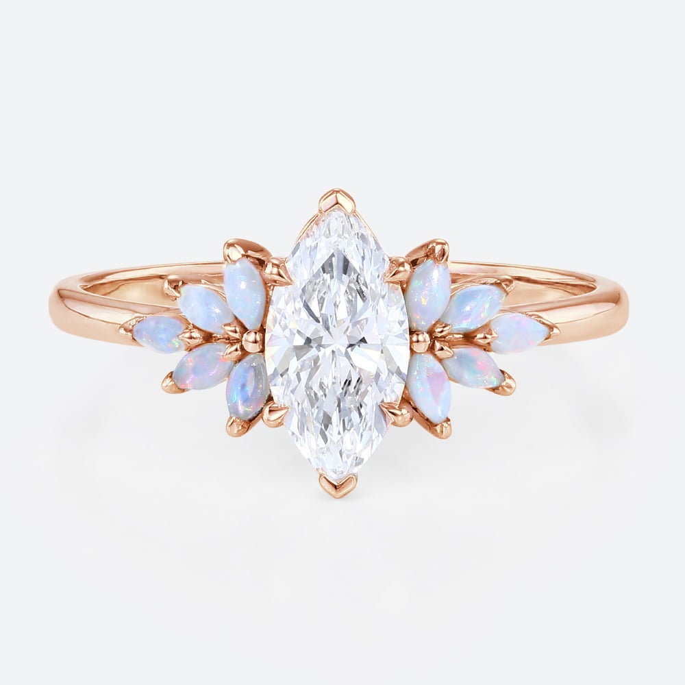 1ct Marquise Lab Created Diamond Rings​ with Floral Opal Side Stone Engagement Ring in Rose Gold