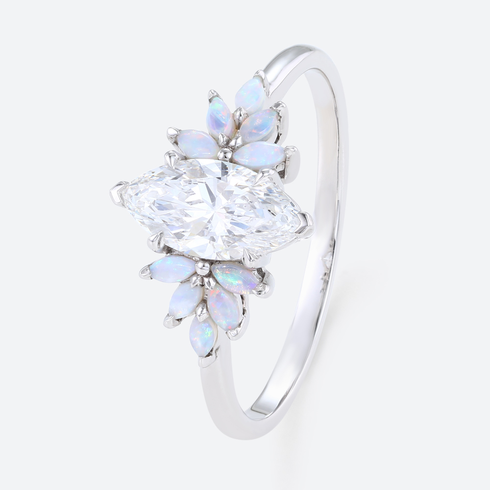 1ct Marquise Lab Created Diamond Rings​ with Floral Opal Side Stone Engagement Ring in White Gold