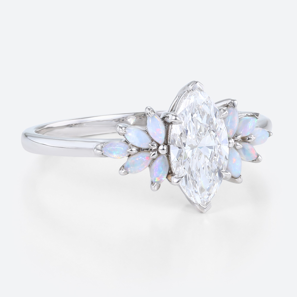 1ct Marquise Lab Created Diamond Rings​ with Floral Opal Side Stone Engagement Ring in White Gold