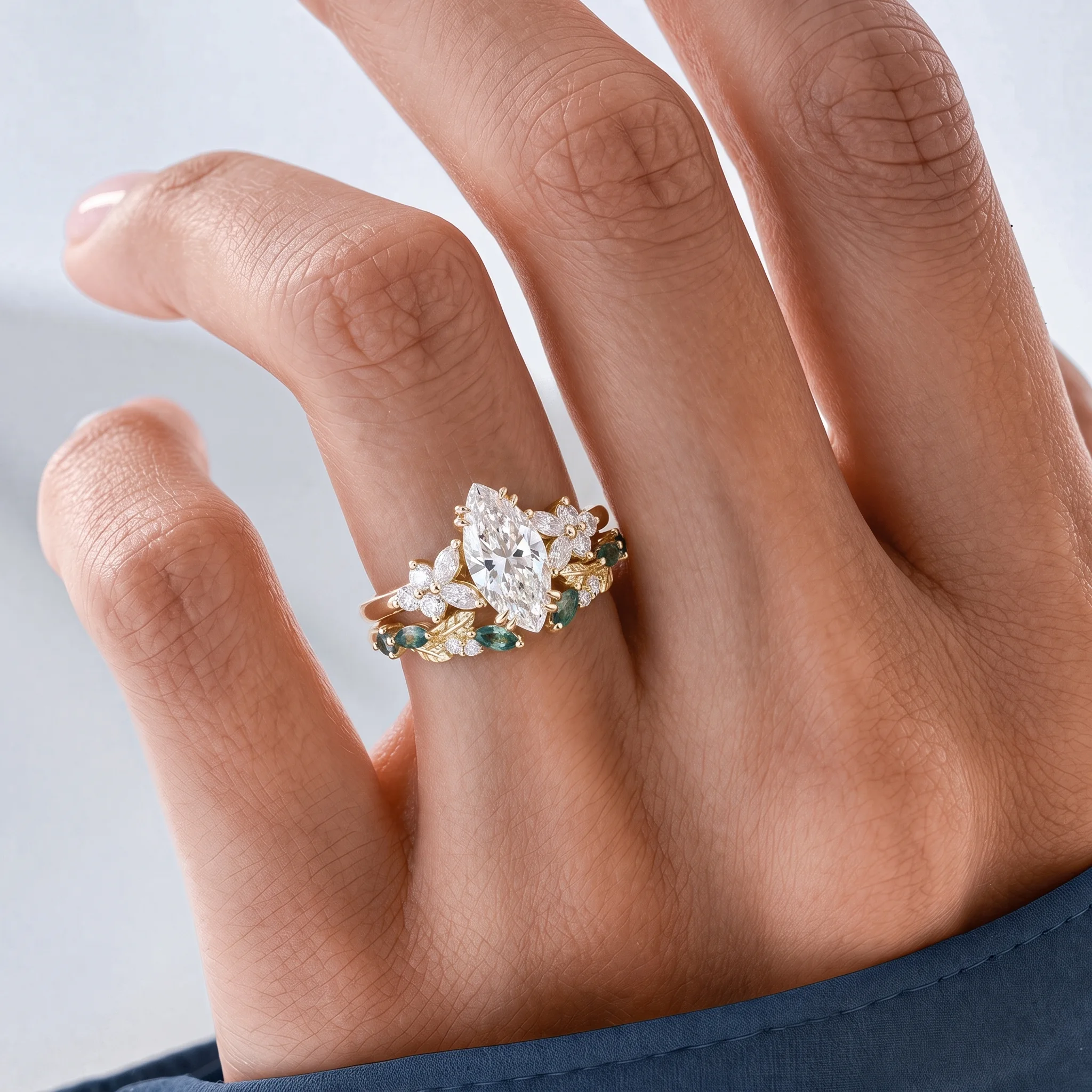 1ct Marquise Cut Lab Grown Diamond Petal Cluster Bridal Ring Set with Botanical Open Band in Yellow Gold