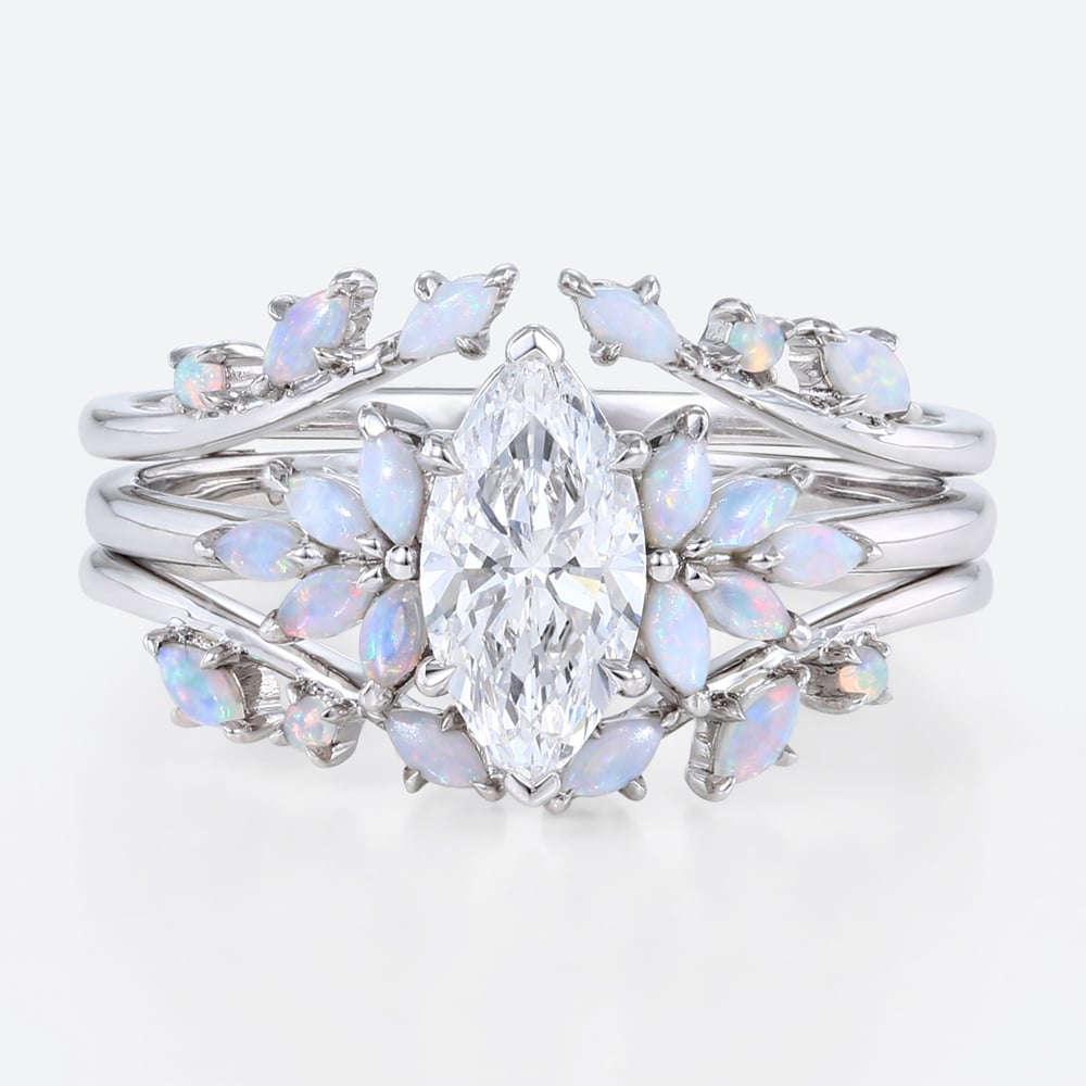 1ct Marquise Cut Lab Diamond Rings​ Set with Opal Cluster Enhancer Bands in White Gold