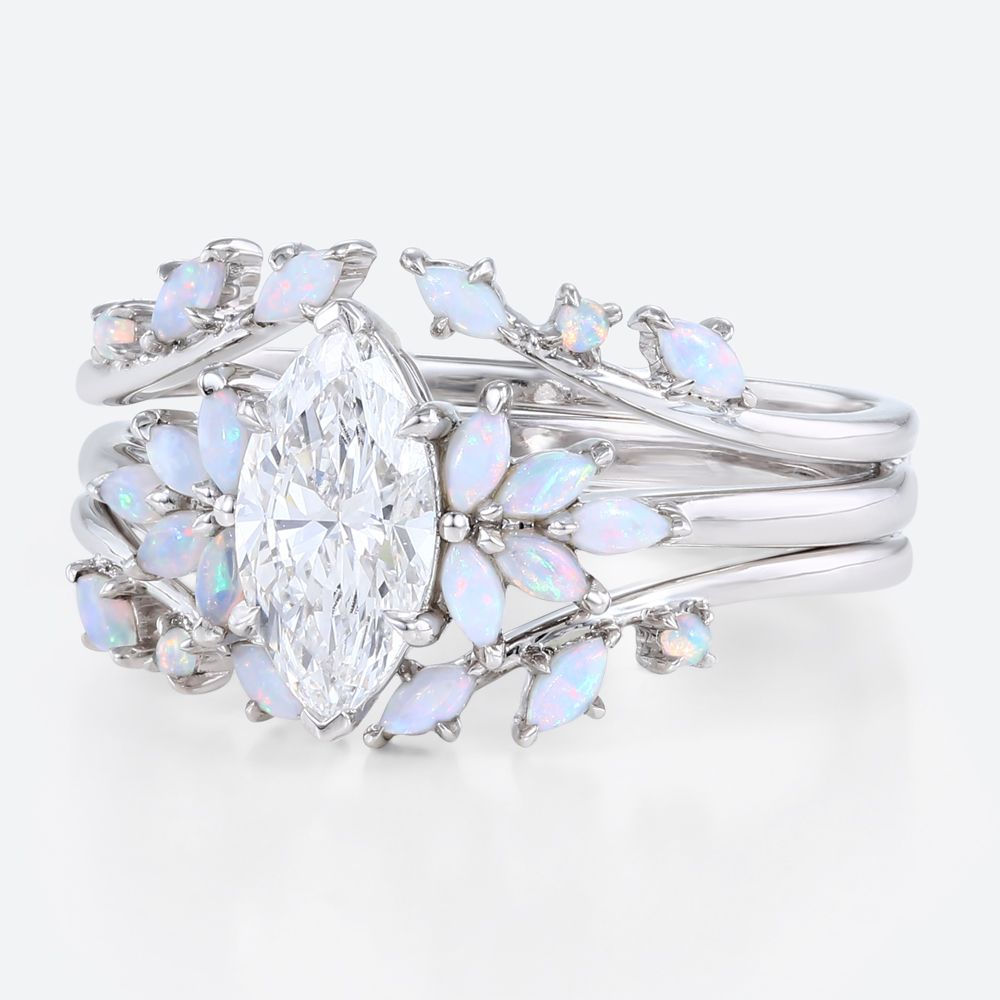 1ct Marquise Cut Lab Diamond Rings​ Set with Opal Cluster Enhancer Bands in White Gold