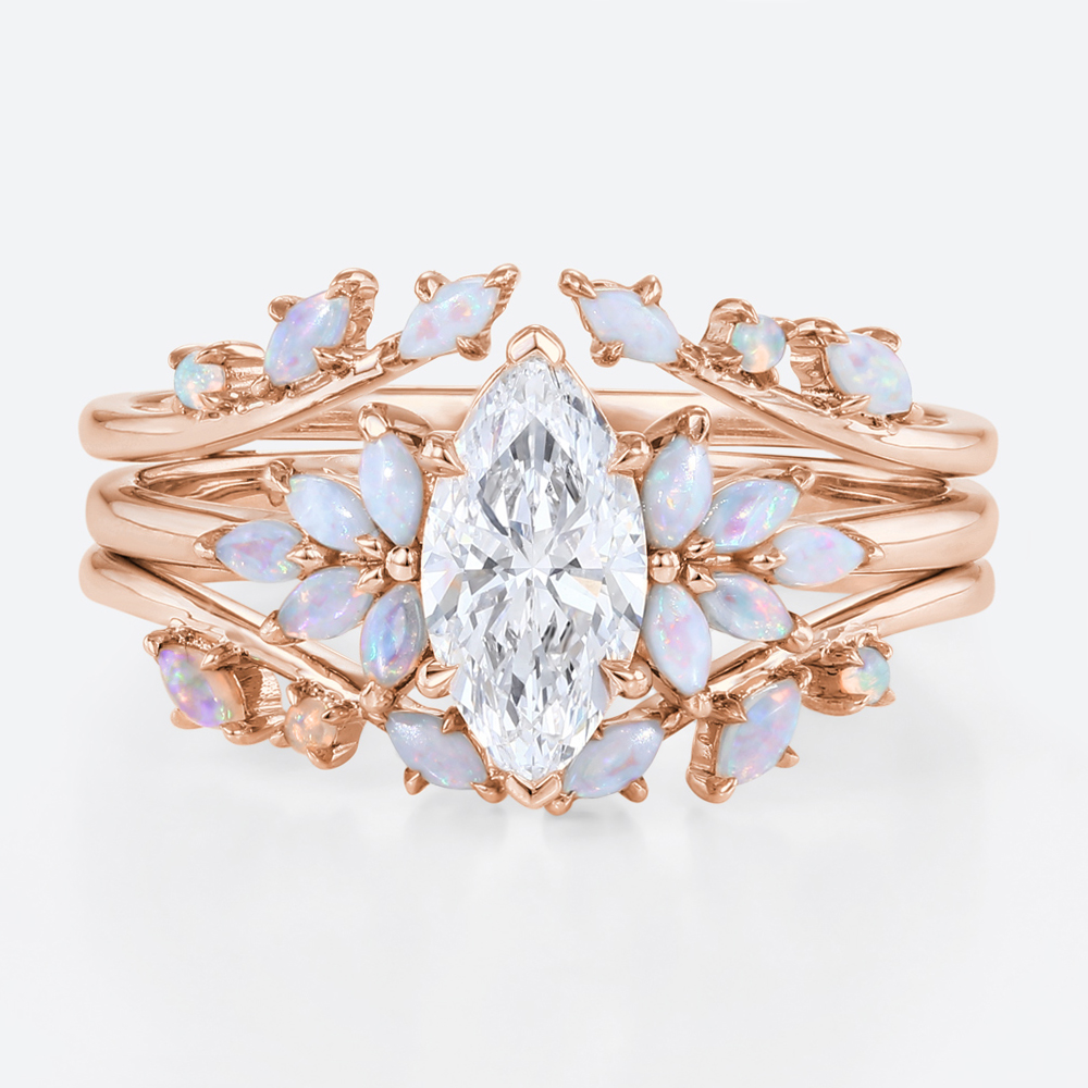 1ct Marquise Cut Lab Diamond Rings​ Set with Opal Cluster Enhancer Bands in Rose Gold