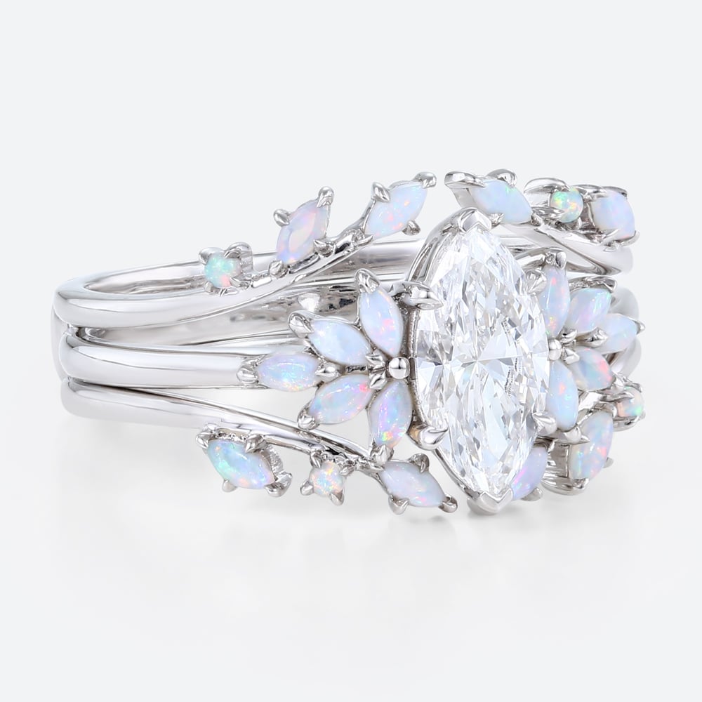 1ct Marquise Cut Lab Diamond Rings​ Set with Opal Cluster Enhancer Bands in White Gold