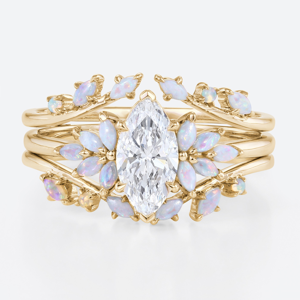 1ct Marquise Cut Lab Diamond Rings​ Set with Opal Cluster Enhancer Bands in Yellow Gold
